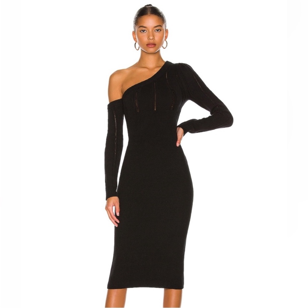 MAJORELLE Black Landau Knit Sweater One Shoulder Midi Dress Size S